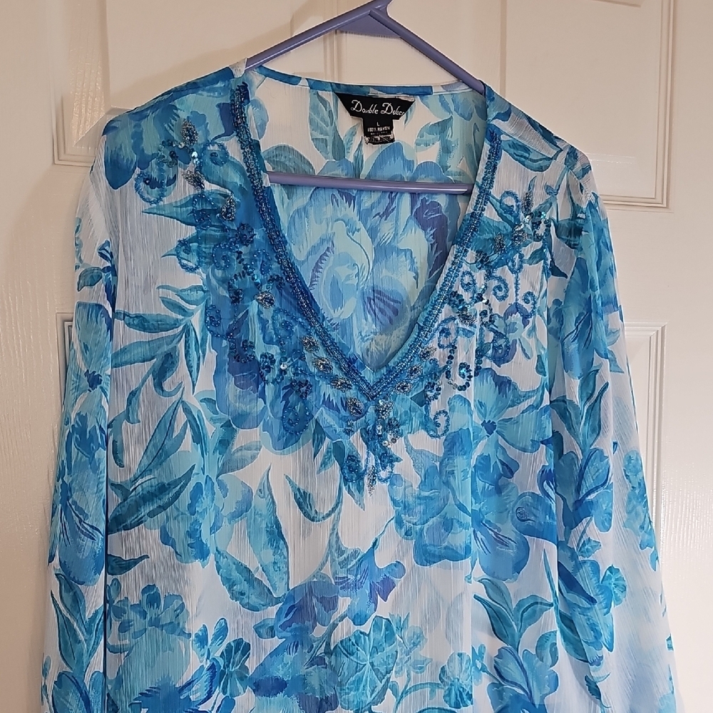 Double Decker Lightweight Beaded Sequins Blue Floral Embellished Tunic Large - Picture 8 of 11